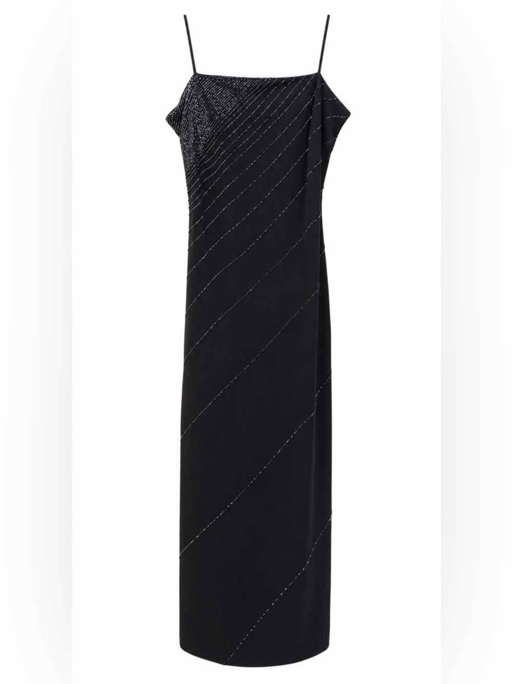 De-Laru Sheila Yen black spaghetti strap gown silver beaded diagonal stripes